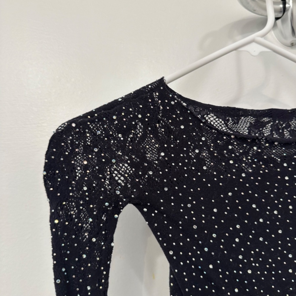 Zara Black Seamless Mesh Rhinestone Top XS - Picture 6 of 7